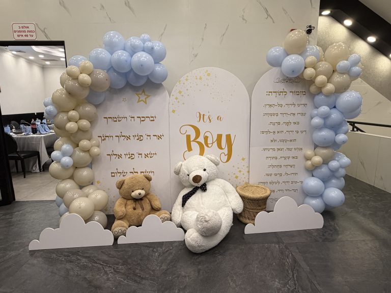 שני לוחות רקע לברית עם ברכה בעברית ושלט Boy בזהב, בלונים בתכלת ובז׳ ודובונים